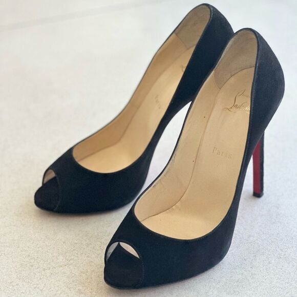 Christian Louboutin Black Suede Peep Toe Flo 120 Veau Velours EU 40 US10 - Picture 1 of 12